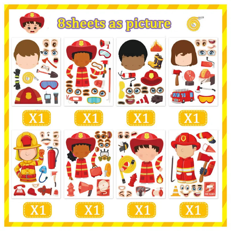 Make Fire Engine Stickers Kid DIY Toys Create Own Fireman Face