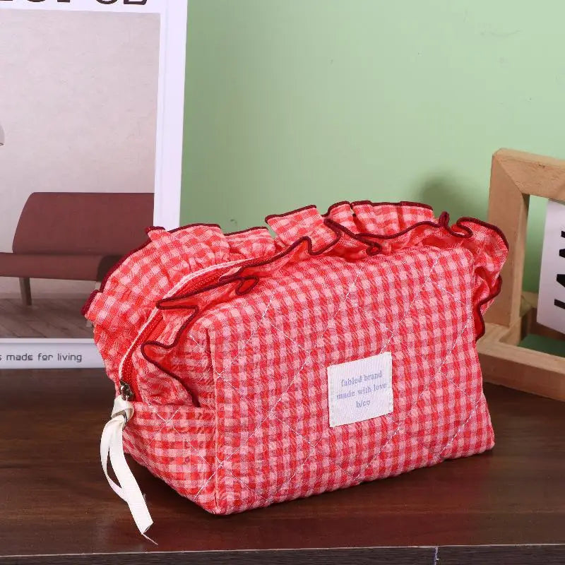 Women's Vintage Gingham Cosmetic Makeup Bag With Ruffled Edges-Large Capacity Organizer For Daily Travel Peaceful Pleasures Health and Wellness 03