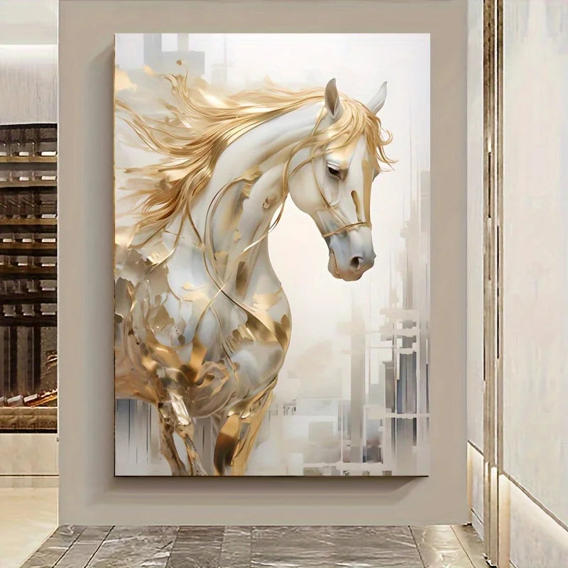 Frameless Golden Horse Canvas Wall Art Modern Decor with Urban Backdrop,White Golden Abstract Painting for Living Room Bedroom Peaceful Pleasures Health and Wellness