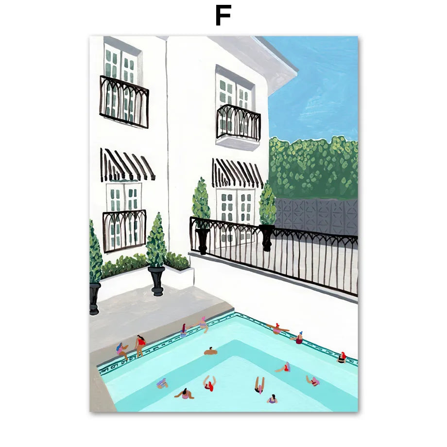 Boho Moroccan Pool Wall Art Colorful Tropical Resort Landscape Prints Vibrant Summer Vacation Canvas Posters Modern Home Deco Peaceful Pleasures Health and Wellness F 40x50cm Unframed
