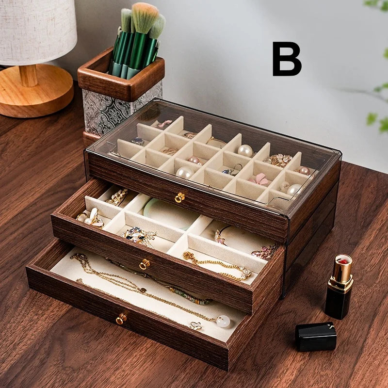 3-Layer Jewelry Box Organizer | Glass Window & Olive Green Leather