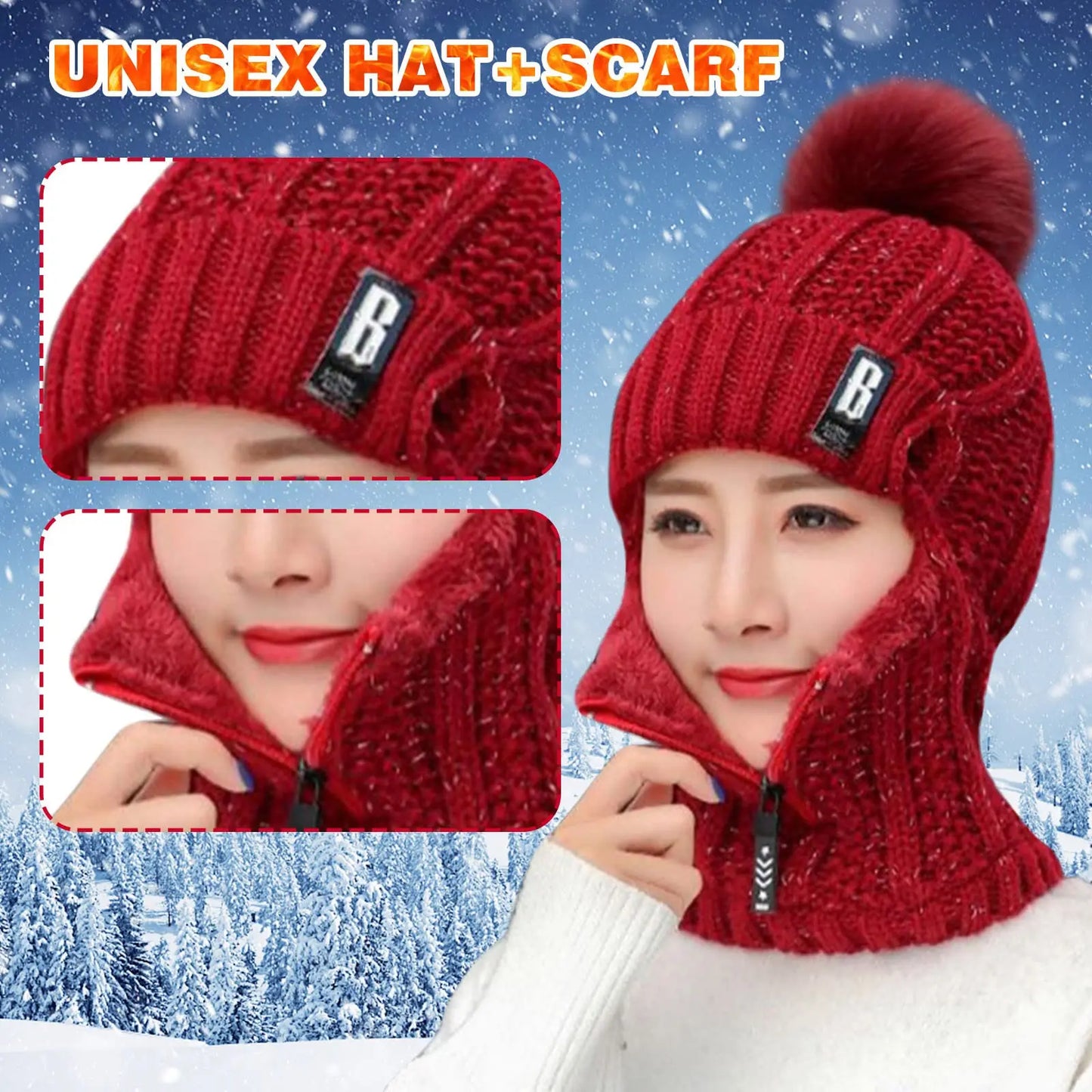 Women's 2-in-1 Scarf Beanie Hat with Zipper, Fashion & Warm Knitted Cap with Pompom, Thickened Coldproof Snow Hood for Outdoor Peaceful Pleasures Health and Wellness