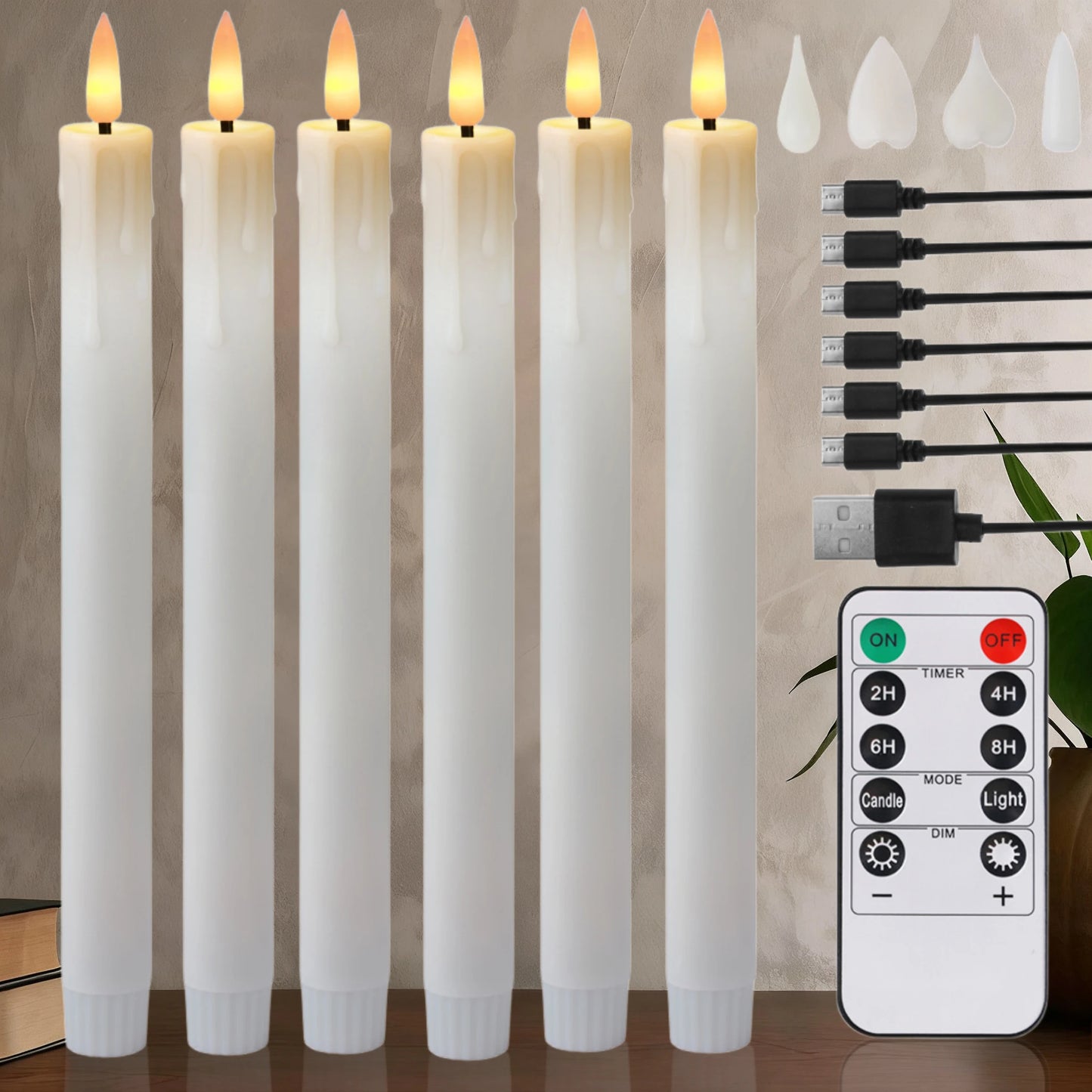 Rechargeable Flameless LED Taper Candles with Timer & Remote 6pk
