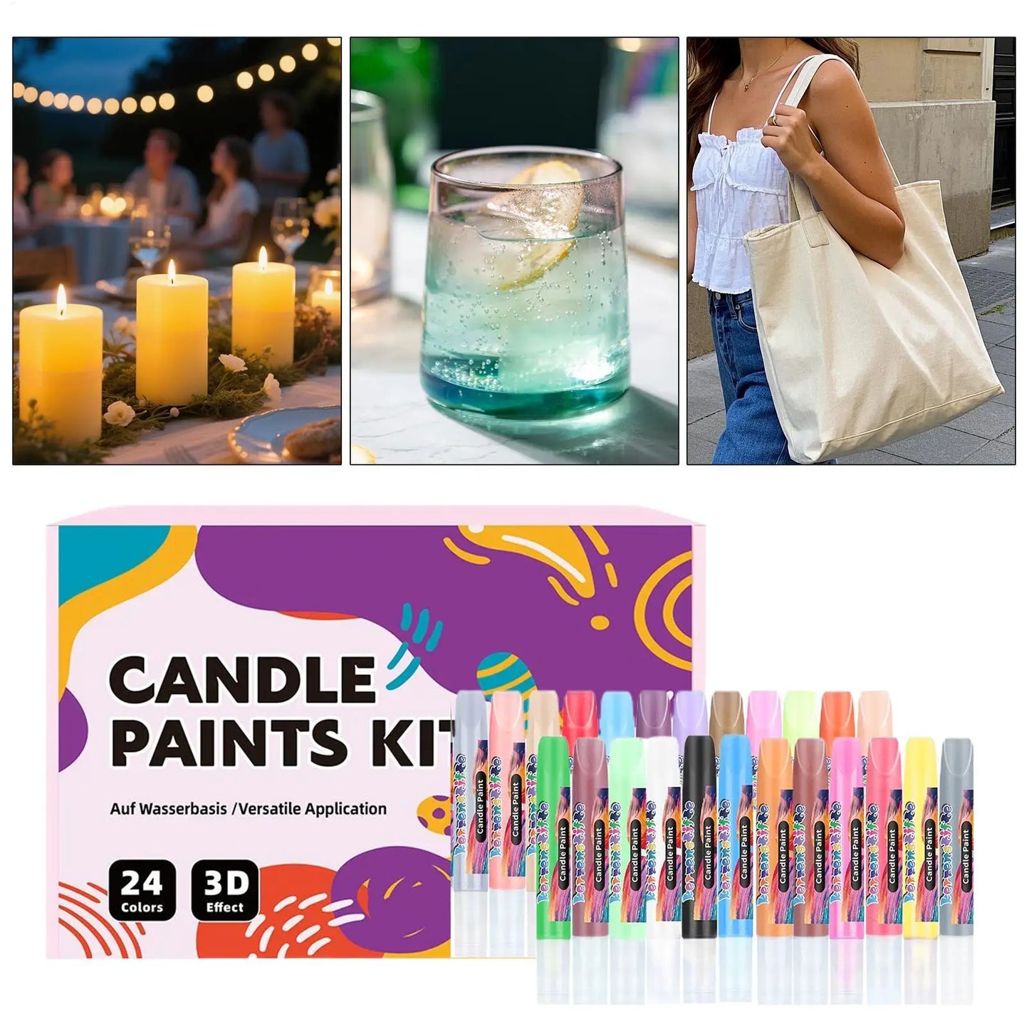 24pcs Candle Paint Pen Kit, Fabric Decorating, Creative Hobbyists Craft Activities Glass Vases Clothes T-Shirts Art Project Peaceful Pleasures Health and Wellness