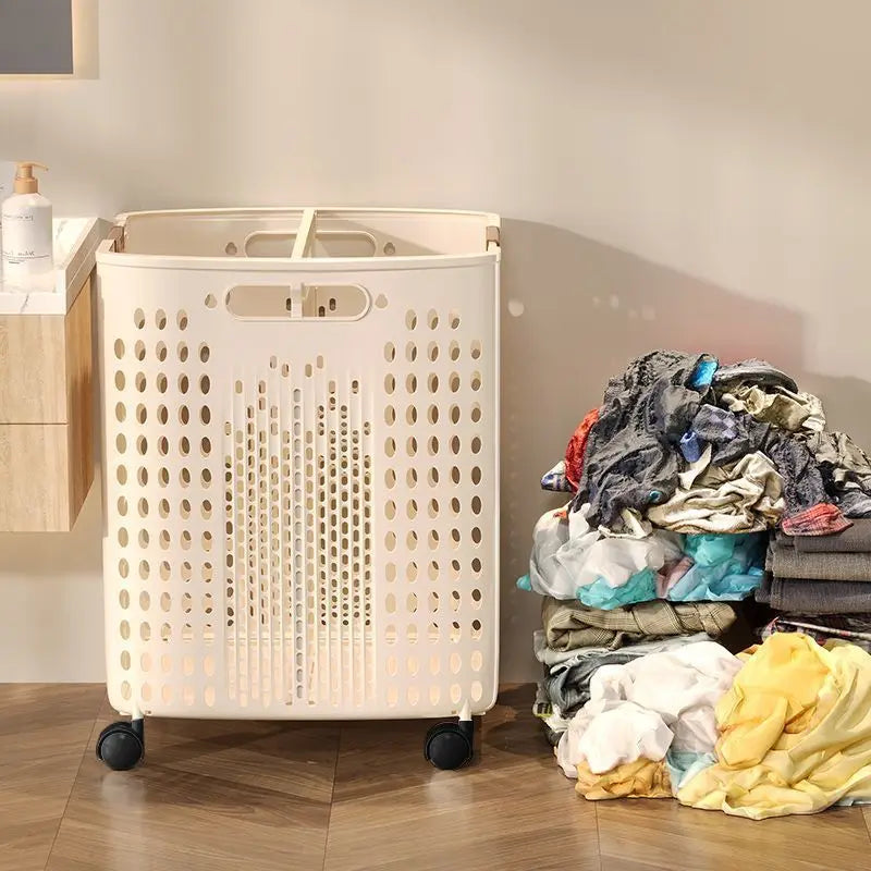 1 Piece, Two Colors Available, Household Bathroom Laundry Basket, Foldable Dirty Clothes Hamper, Large Capacity with Wheels, Simple Design, Laundry Storage Basket for Bathroom [No Divider in the Middle] Peaceful Pleasures Health and Wellness
