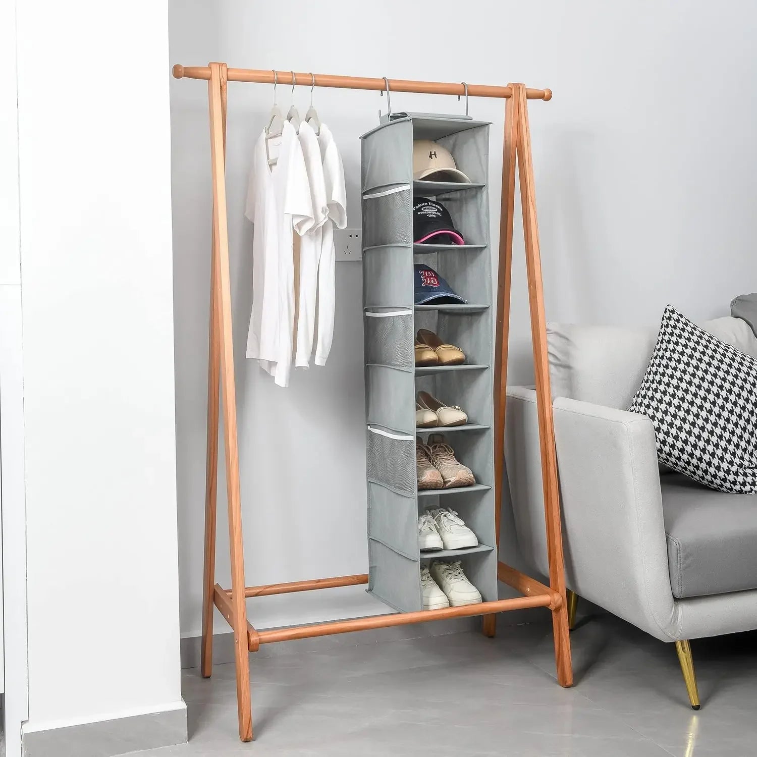 8-Shelf Gray Hanging Shoe and Hat Organizer with Mesh Pockets for Closet Storage Peaceful Pleasures Health and Wellness