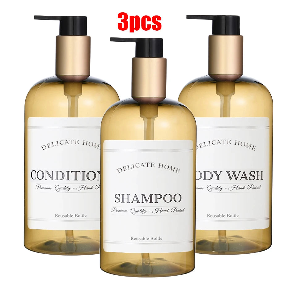 Refillable Shampoo and Conditioner Dispenser Shampoo Bottles with Pump Waterproof Labels Chic Shower Soap Dispenser Peaceful Pleasures Health and Wellness 3pcs gold bottle
