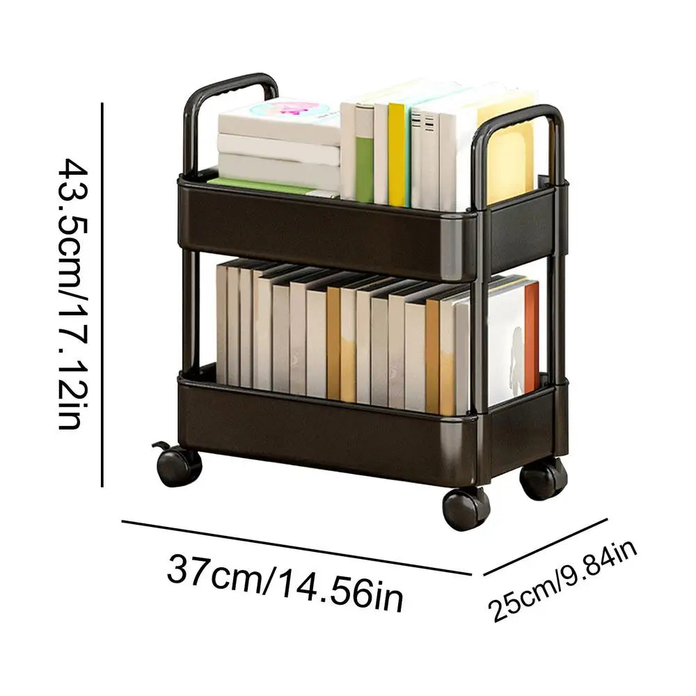 2-Tier Movable Bookshelf Cart with Wheels Multi-Purpose Storage Rack for Books Toys Snacks Household Mobile Organizer Peaceful Pleasures Health and Wellness Black