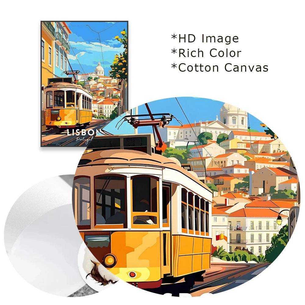 Elétricos de Lisboa Canvas Wall Art Vibrant Nature Landscape & Cityscape Poster, Modern Home Decor for Living Room Peaceful Pleasures Health and Wellness
