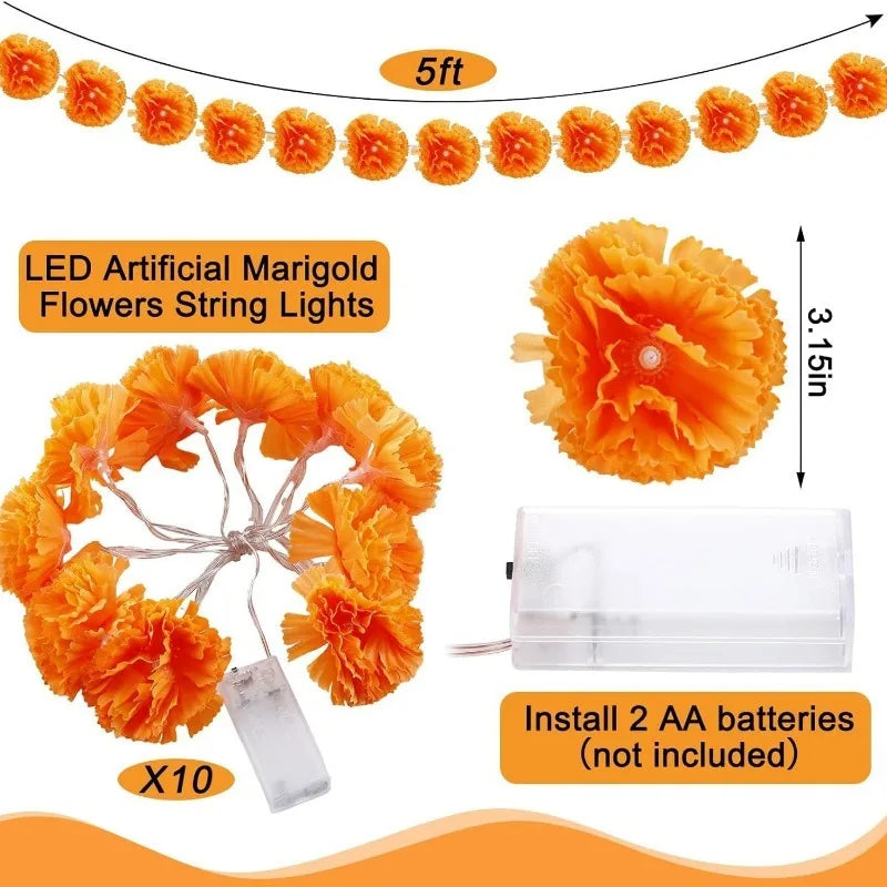 5 Ft LED Orange Marigold Garland Lights | Halloween Diwali Décor