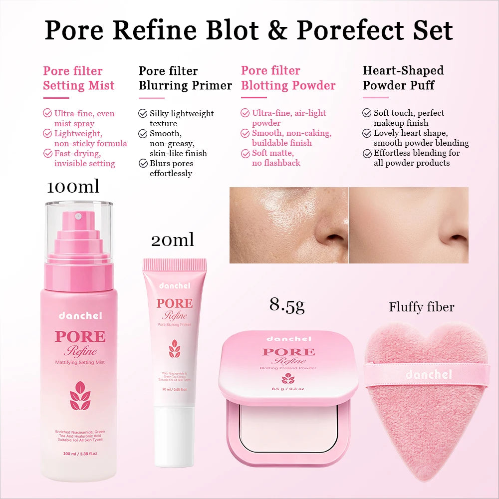 Pore Refine Blot & Porefect Set Pore-Blurring 12h Matte Oil Control Primer, Setting Spray, Touch-up, Powder Puff 4PCS Makeup Kit Peaceful Pleasures Health and Wellness