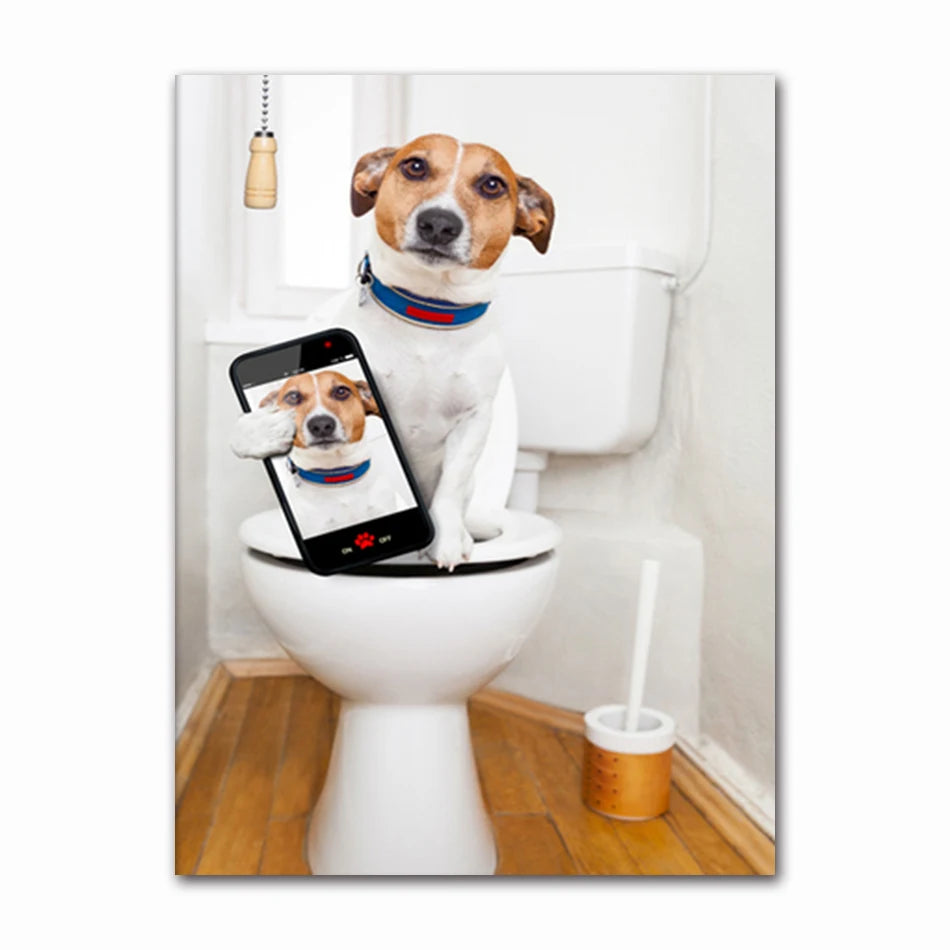 Funny Animal Dog Read Newspaper Oil Painting on Canvas Wall Art Poster Prints Wall Art Picture for Bathroom Toilet Decoration Peaceful Pleasures Health and Wellness T60523-12 50x70cm Unframed