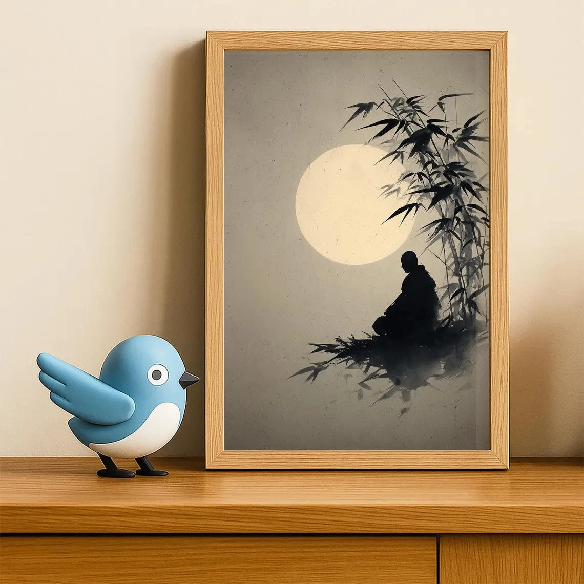 Zen Monk Bamboo Moon Canvas Wall Art | Minimalist Print