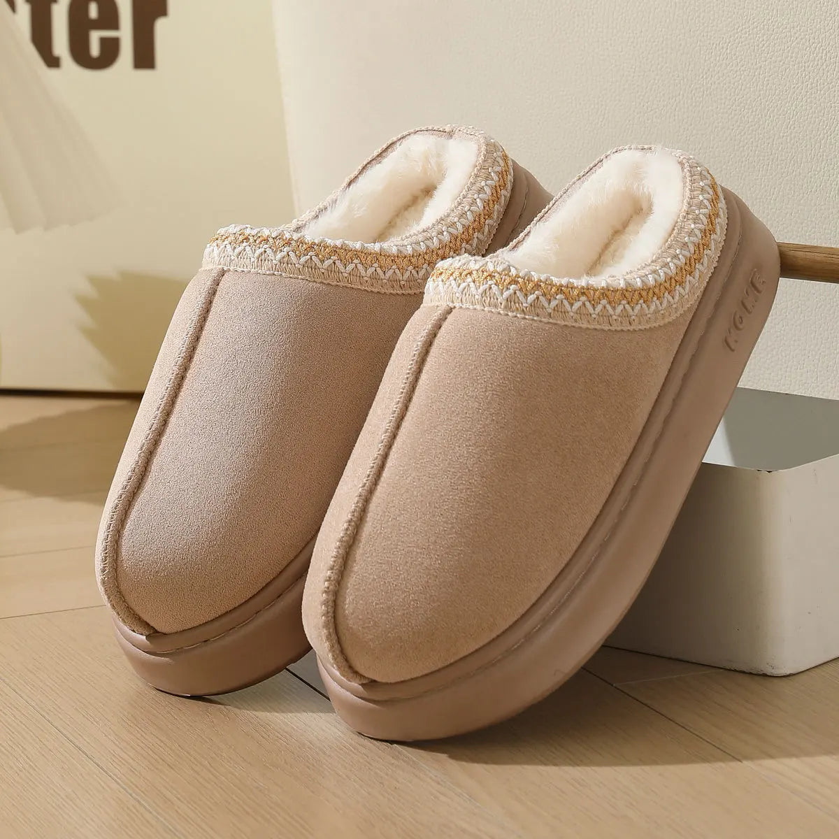 Autumn and winter lace-trimmed fashion cotton slippers for men and women, suitable for both indoor and outdoor use, providing wa Peaceful Pleasures Health and Wellness Khaki 36-37