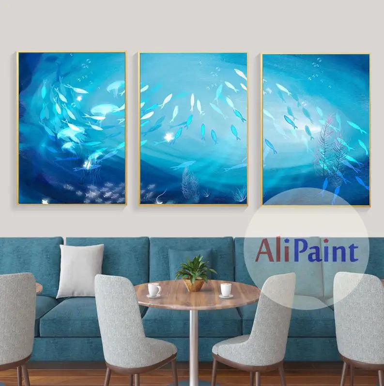 Abstract Poster Cartoon Blue Fish Group Canvas Painting Childlike Wall Art Pictures Print Room Decorative For Nursery Children Peaceful Pleasures Health and Wellness