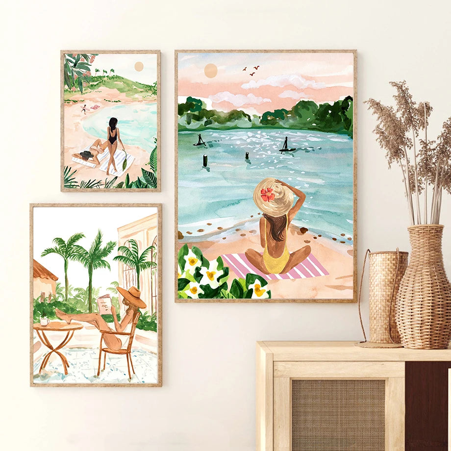 Summer Beach Leisure Holiday Fashion Wall Art Canvas Painting Nordic Poster Room Decor Tropical Watercolor Sunbathe Surfing Peaceful Pleasures Health and Wellness