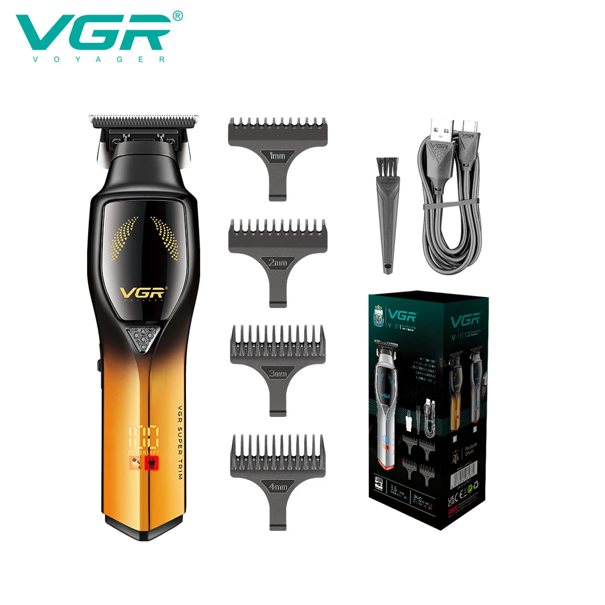 Vgr 187 USB Charging Hair Clipper Professional Cordless Electric Men's Shaving Gradient Intelligent Digital Push Clipper Peaceful Pleasures Health and Wellness 187 golden