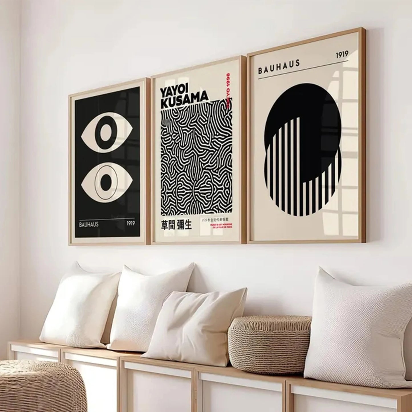 3-Piece Modern Abstract Bauhaus Black Canvas Wall Art Print Set