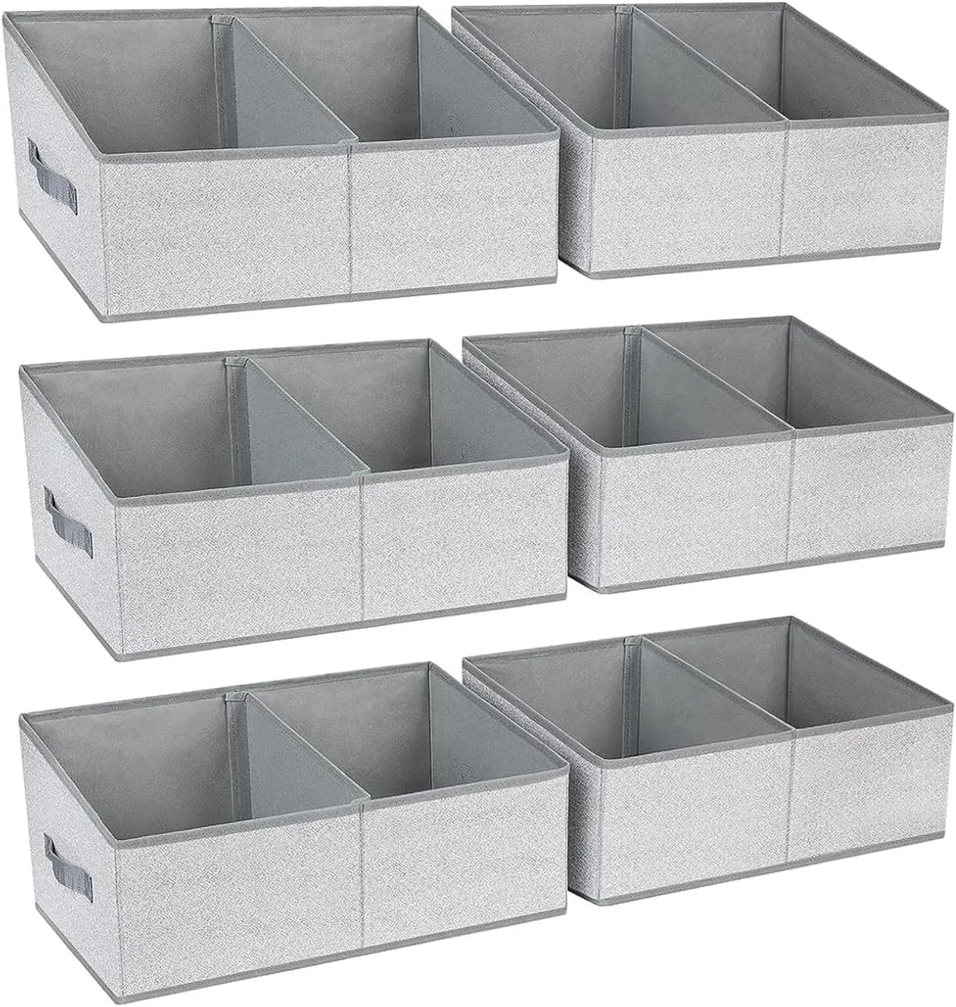 Set of six gray storage bins with handles on a white background