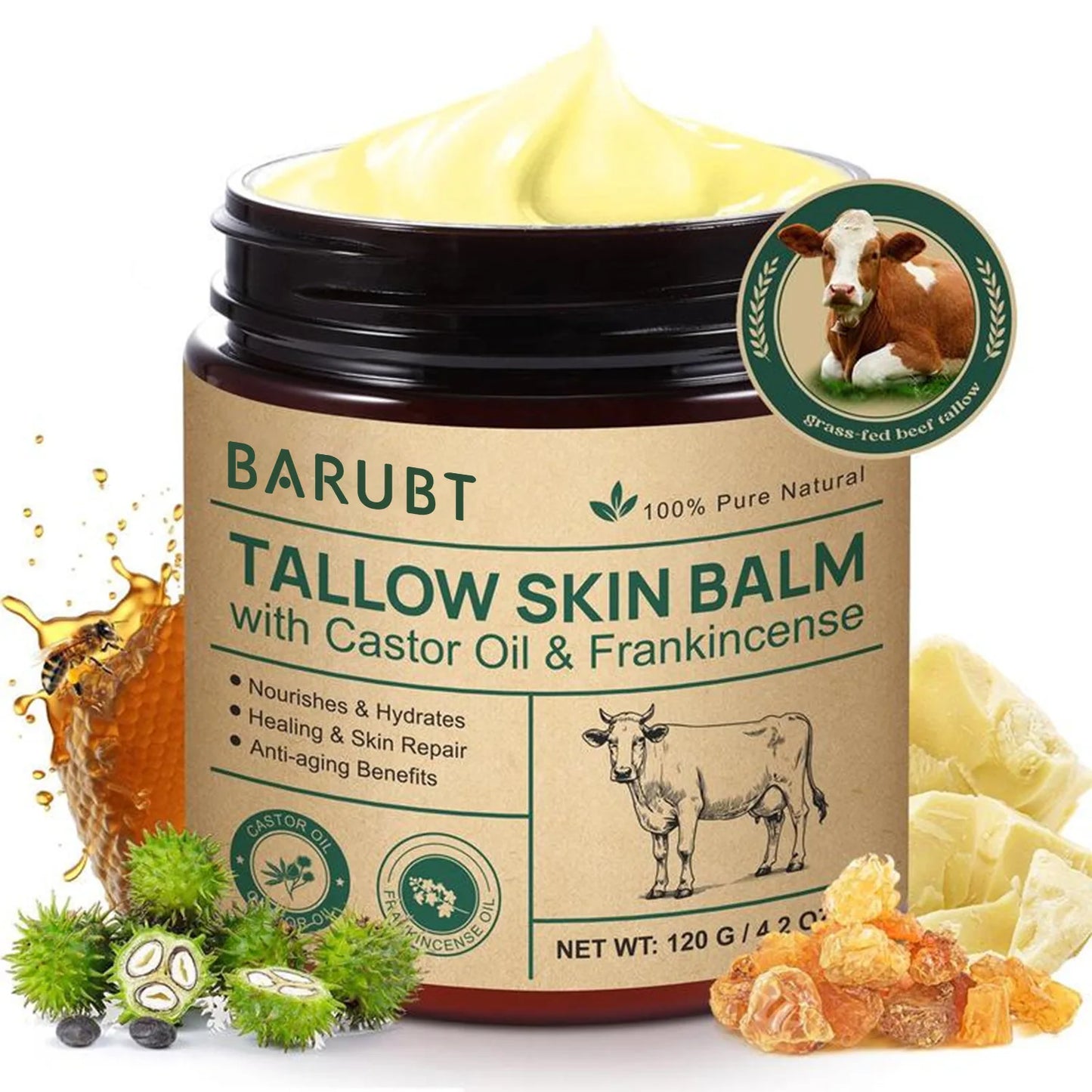 Natural Tallow Face Moisturizer Beeswax Grass-Fed Whipped Tallow Honey Cream Moisturizing Nourish Fast Absorbing Body Skin Care Peaceful Pleasures Health and Wellness 120gx 1 piece