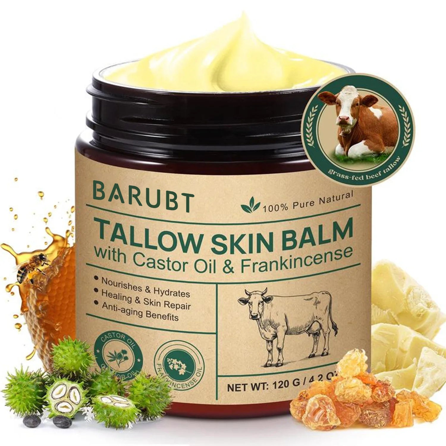 Natural Tallow Face Moisturizer Beeswax Grass-Fed Whipped Tallow Honey Cream Moisturizing Nourish Fast Absorbing Body Skin Care Peaceful Pleasures Health and Wellness 120gx 1 piece
