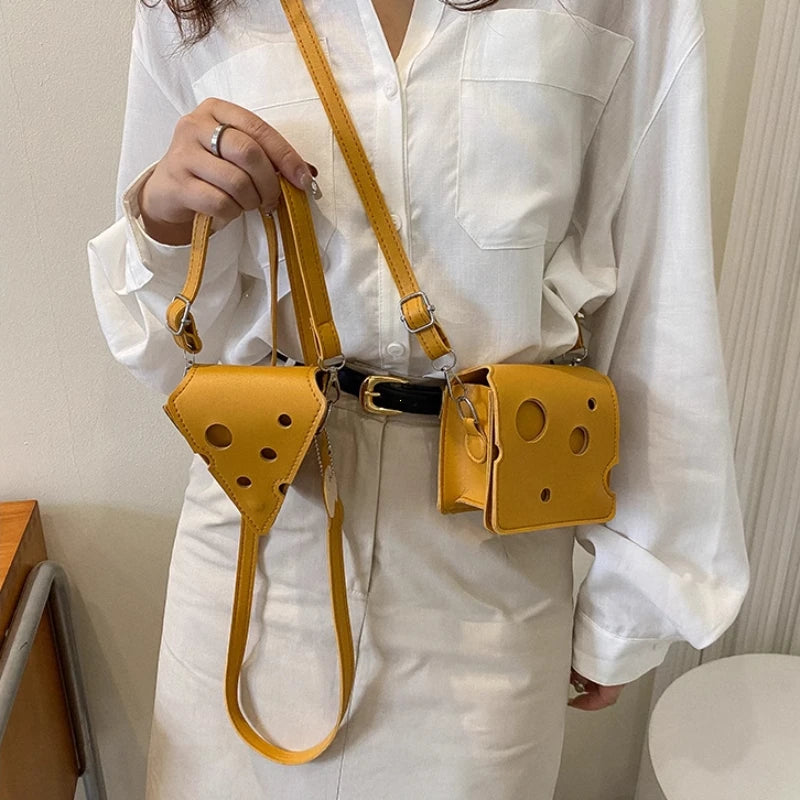 New Fashionable Mini Perforated Cheese Shaped Triangle Crossbody Coin Purse Small Square Bag for Lipstick and Earphones Cute Bag Peaceful Pleasures Health and Wellness