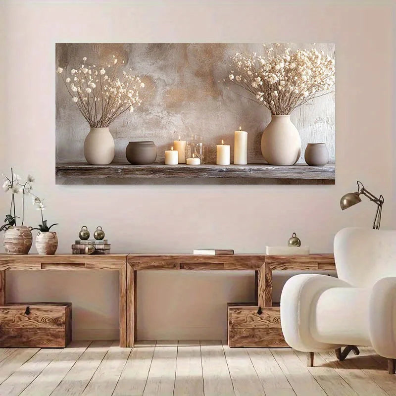 1pc Frameless Modern Canvas Art Golden Tree of Life, Neutral Tones with White Vases & Candles, for Living Room or Bedroom Decor Peaceful Pleasures Health and Wellness