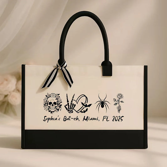 Custom Halloween Bachelorette Canvas Tote Bag | Goth Bride Gift Canvas Tote Bag Peaceful Pleasures Health and Wellness
