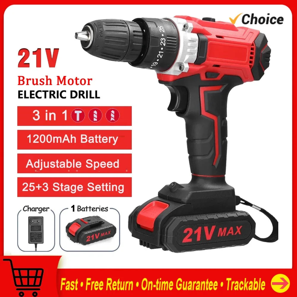 21V Cordless Lithium Drill 25 Gears Torque 2 Speed Stepless Brush Motor Forward Reverse Electric Drill Peaceful Pleasures Health and Wellness