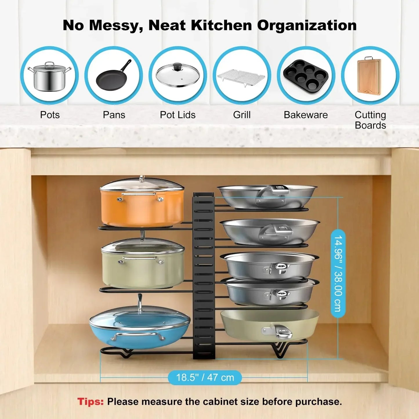 8-Tier Adjustable Pot & Pan Rack Cabinet Organizer – Metal