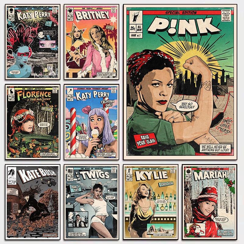 Classic Pop Singer Britney P!nk Katy Retro Comic Style Album Covers Aesthetic Poster Canvas Painting Wall Pictures Home Decor Peaceful Pleasures Health and Wellness