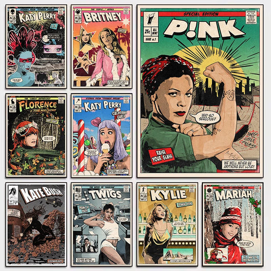 Classic Pop Singer Britney P!nk Katy Retro Comic Style Album Covers Aesthetic Poster Canvas Painting Wall Pictures Home Decor Peaceful Pleasures Health and Wellness