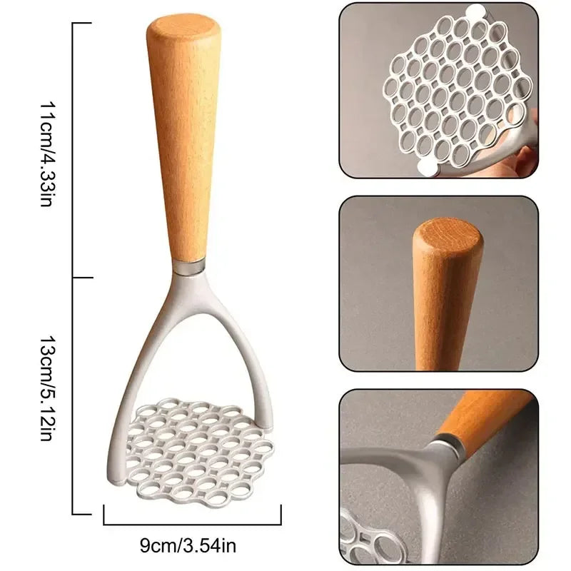 Aluminum Manual Potato Masher Meat Potato Pressor Tool Whisk Food Cutter Crusher Wood Handle Garlic Pusher Kitchen Gadgets Peaceful Pleasures Health and Wellness