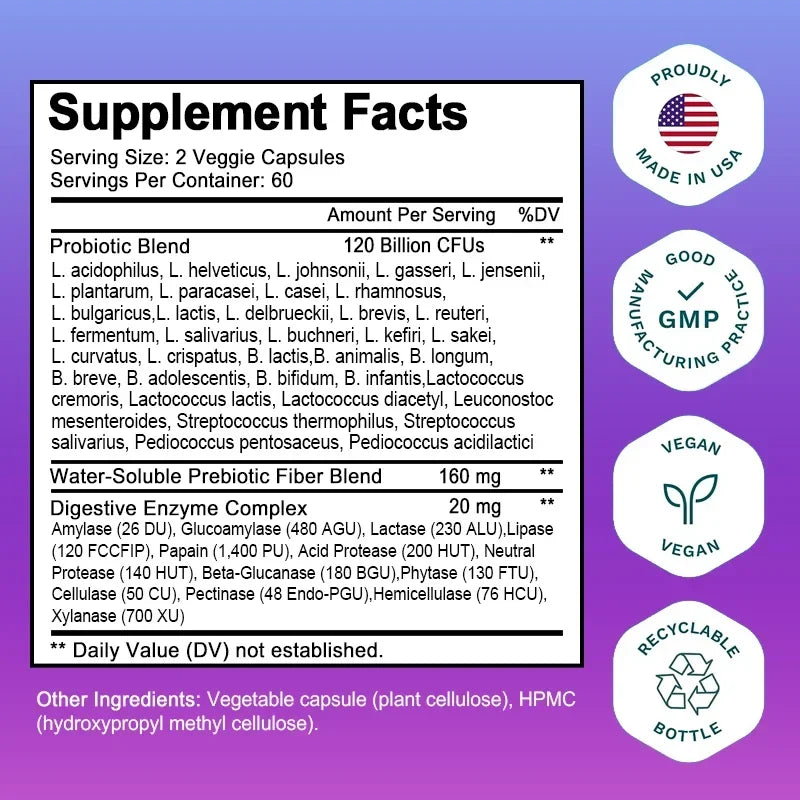 Probiotics 120 Billion CFU 36 Strains Contains Prebiotics and Digestive Enzymes for Digestion and Immune Support Vegan, Non-GMO Peaceful Pleasures Health and Wellness