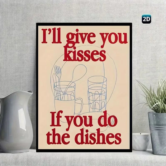 Funny "Kisses If You Do The Dishes" Kitchen Canvas Wall Art Canvas Wall Art Peaceful Pleasures Health and Wellness G4213 30x40cm Wood Framed