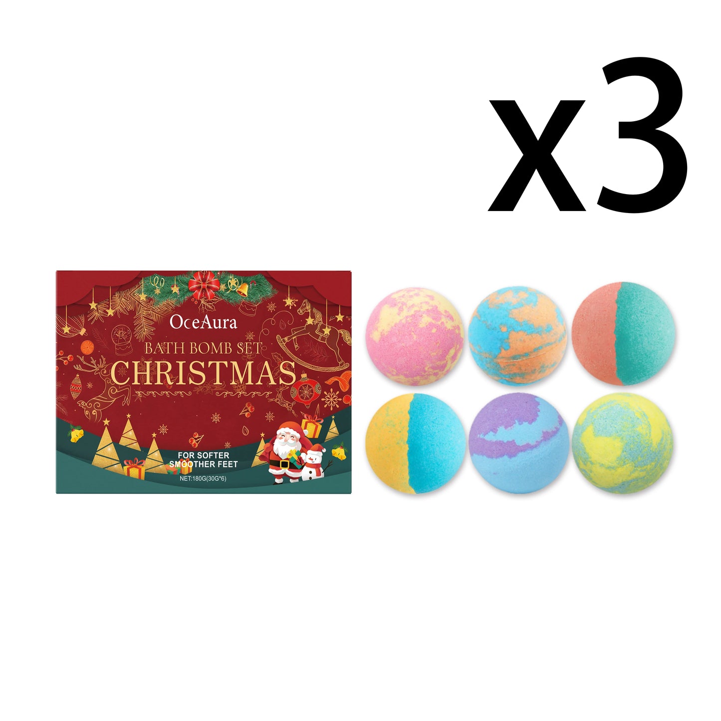 OceAura Christmas Bath Bombs – Aromatherapy Foam Shower Ball 180g