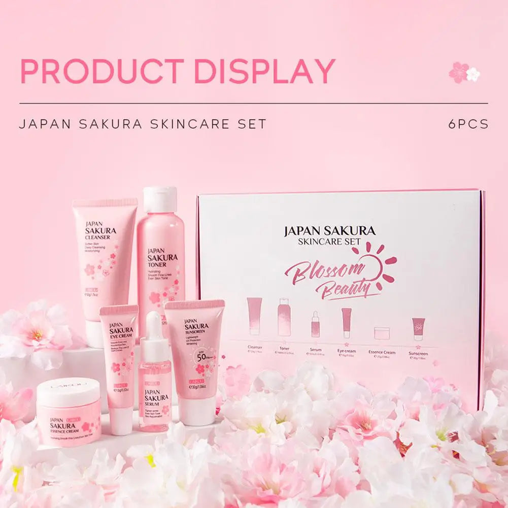 6pcs/Set Sakura Skin Care Sets Face Cream Serum Toner Facial Cleanser Sunscreen Eye Cream Face Skin Care Set Product Gift box Peaceful Pleasures Health and Wellness