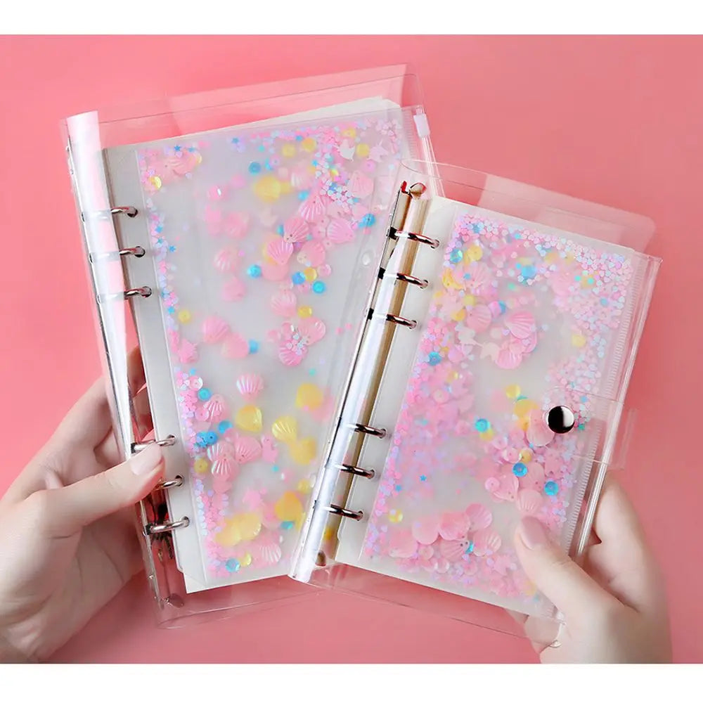 School Stationery Creativity Glitter Sequins Loose Leaf Zipper PVC Handbook A5/A6 Binder Storage Pouch Inner Pocket File Holder Peaceful Pleasures Health and Wellness