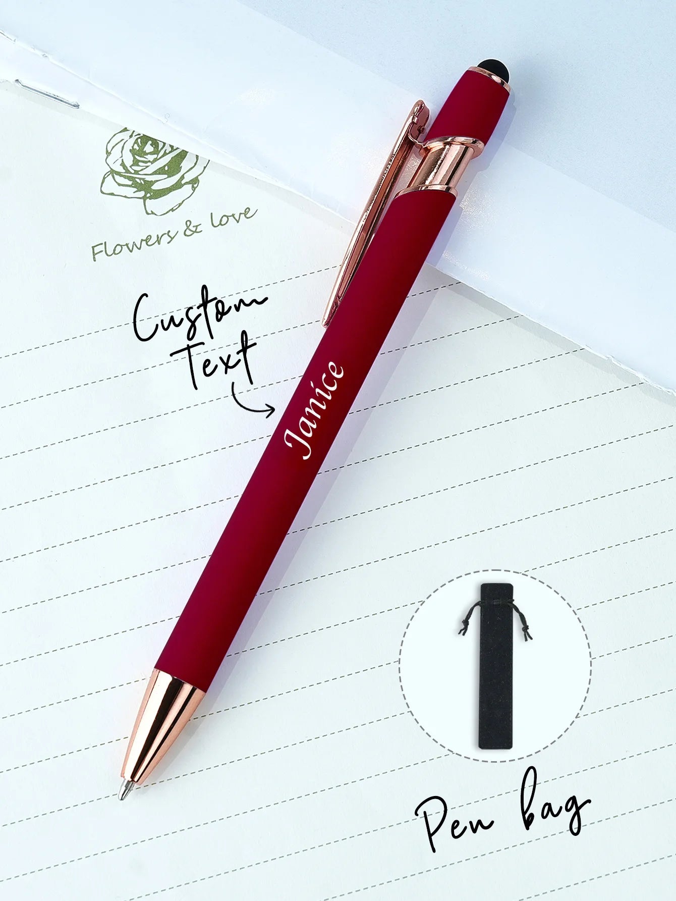 Custom Name Ballpoint Pen Personalized Engraved Stylus Soft Touch 10 Colors Gift For Coupes Teacher Student Back To School Peaceful Pleasures Health and Wellness Claret One Size
