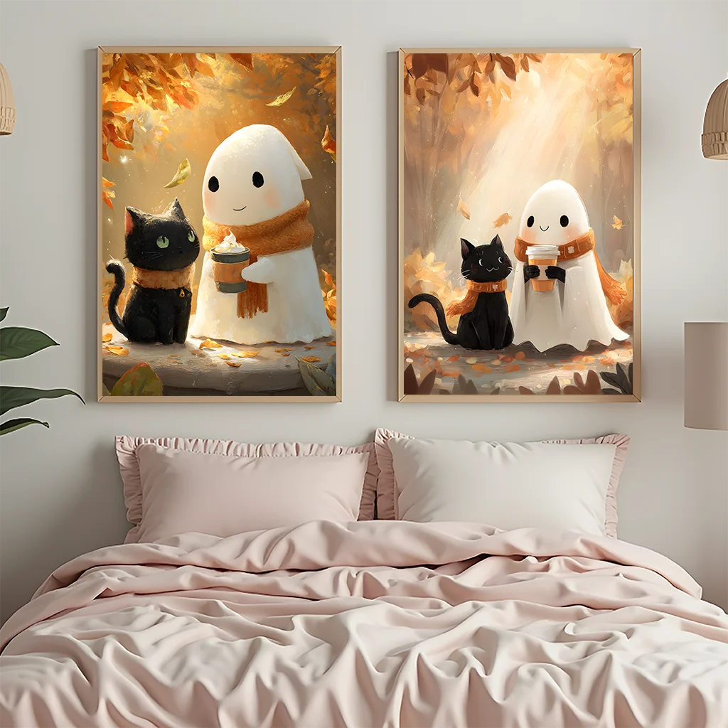 Animal Wall Art, Nordic Cute Ghost and Black Cat Canvas Painting, Halloween Poster Print for Bedroom Living Room Wall Decor Peaceful Pleasures Health and Wellness
