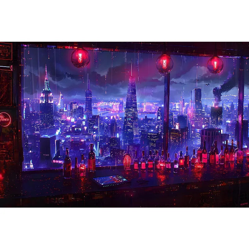 1pc frameless Cyberpunk Night City Landscape Poster Future Neon Lights Bar Design Canvas Wall Art for Living Room Home Decor Peaceful Pleasures Health and Wellness
