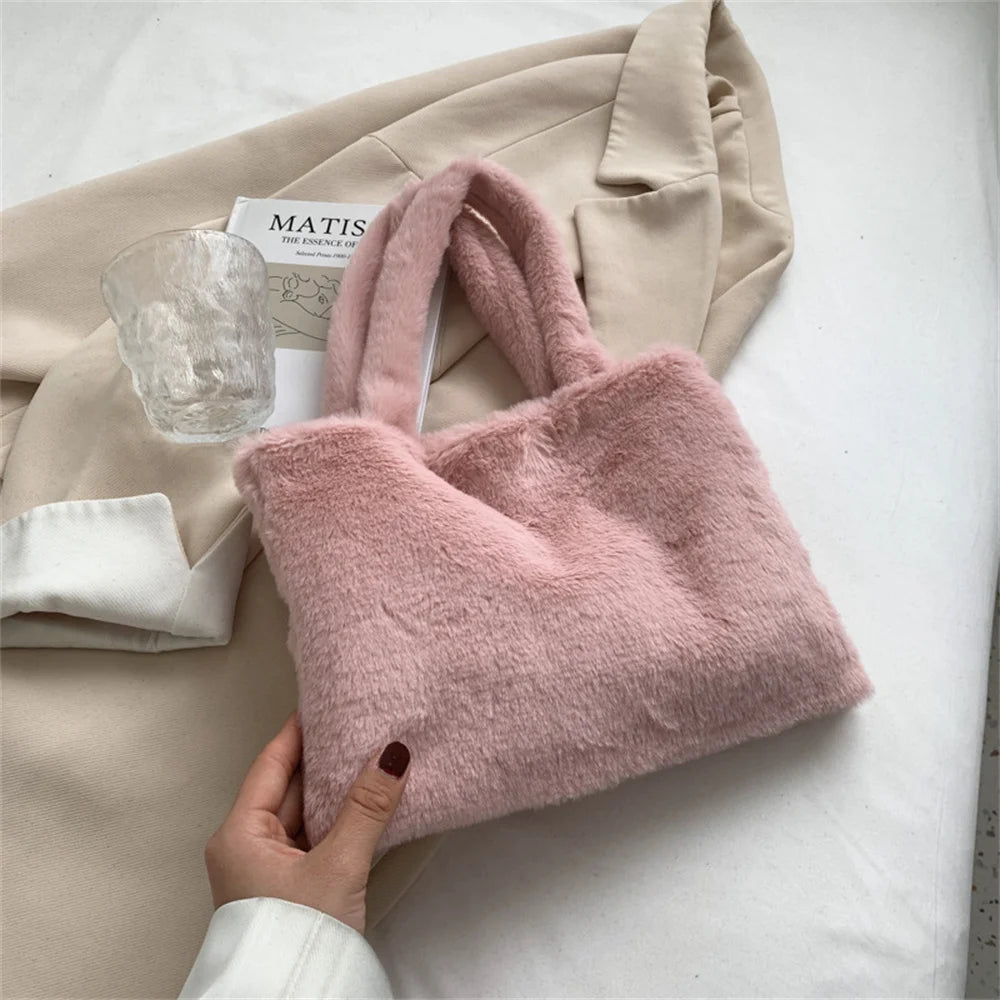 Soft Faux Fur Shoulder Bag Versatile Cute Tote Bag with Purses Female Handbags Women Fluffy Stylish Crossbody Small Square Bag Peaceful Pleasures Health and Wellness Pink