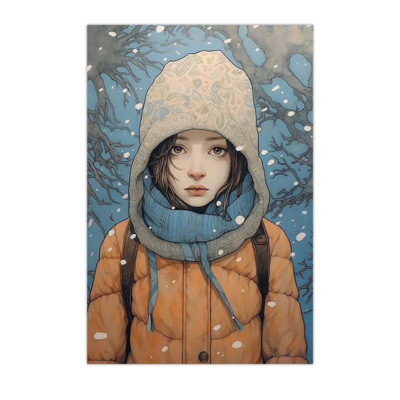 Nordic Winter Portrait Wall Art, Watercolor Girl Canvas Painting, Snowy Season Poster Print for Bedroom Living Room Décor Peaceful Pleasures Health and Wellness 04 21X30cm No Frame China Mainland