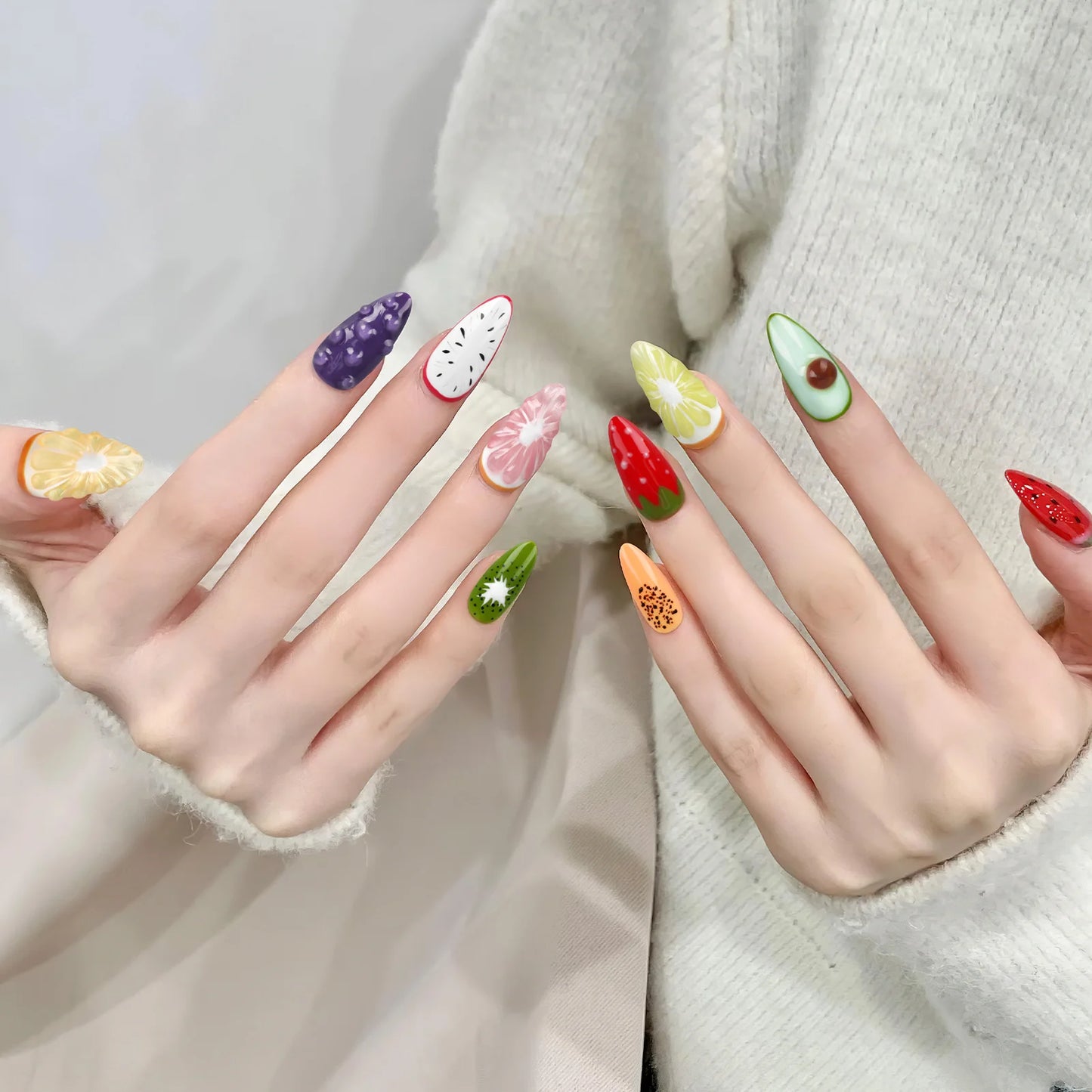 Handmade Press on Nails Summer Fruit Decor False Nails Full Cover Wearable Sweet Grapefruit Orange Design Almond Fake Nail Tips Peaceful Pleasures Health and Wellness