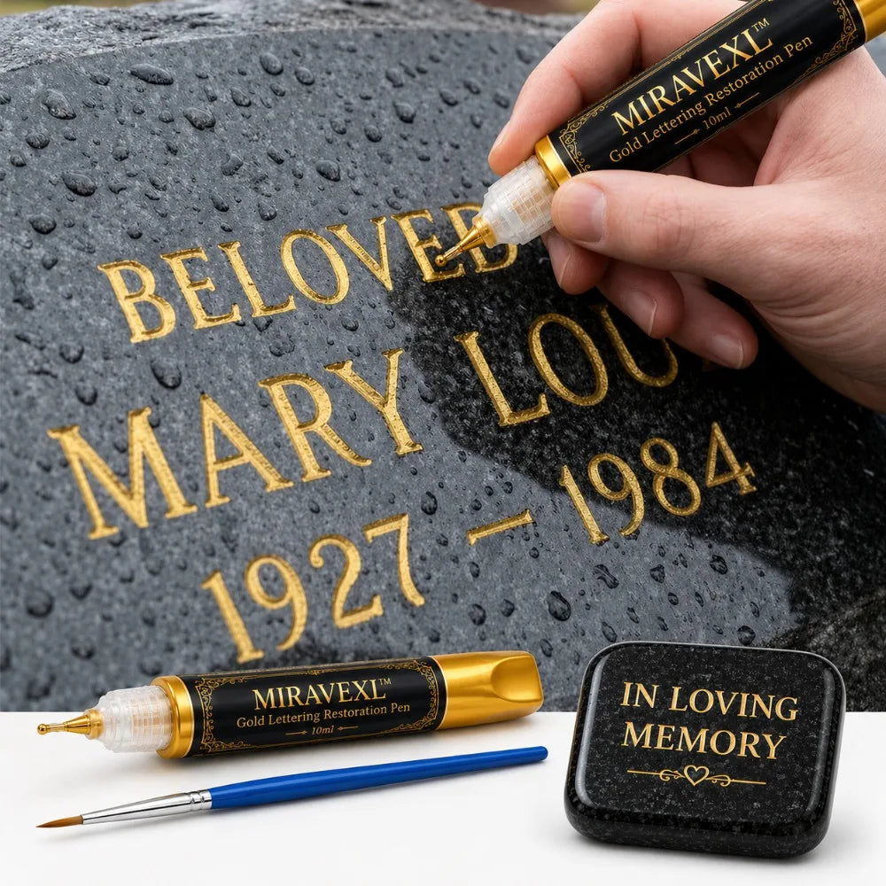 Gold Tombstone Marker Pen 10ml with Detail Brush, Waterproof Paint Pen for Restoring Faded Grave Inscriptions on Granite Peaceful Pleasures Health and Wellness