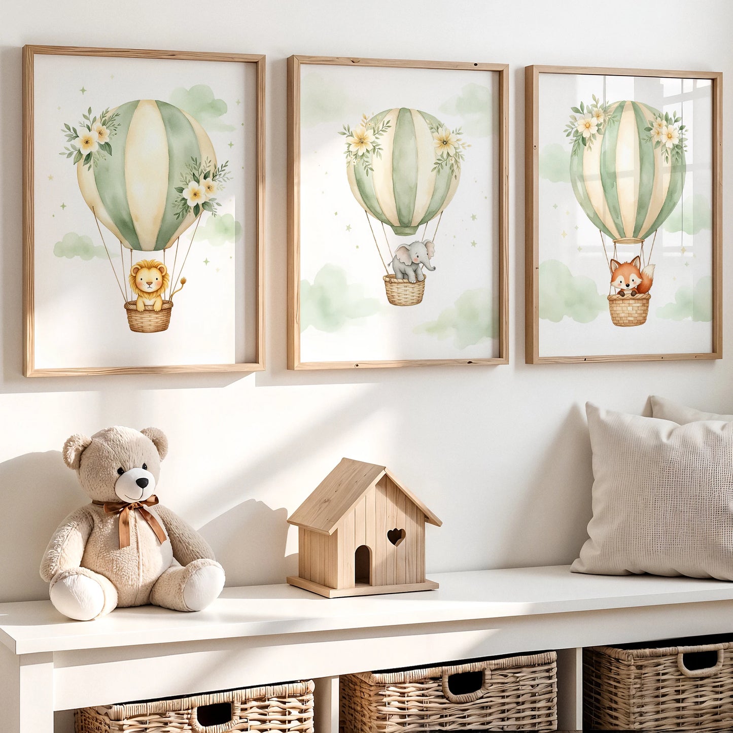 Watercolor Hot Air Balloon Animals Canvas Wall Art | Kids Room