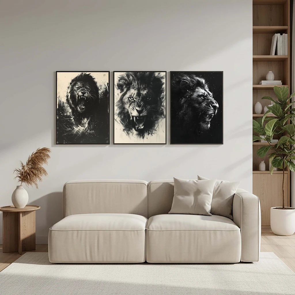 Abstract Wall Art Black Monochrome Style Angry Lion Canvas Painting Modern Style Poster Prints Living Room Wall Decor Peaceful Pleasures Health and Wellness