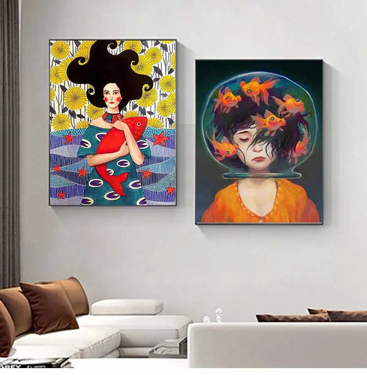 Nordic Cartoon Girl & Fish Abstract Canvas Wall Art Print Canvas Wall Art Peaceful Pleasures Health and Wellness