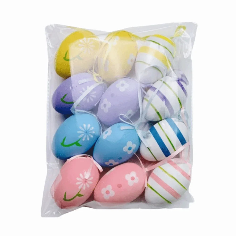 12-Piece Hand Painted Cartoon Easter Egg Hanging Ornaments