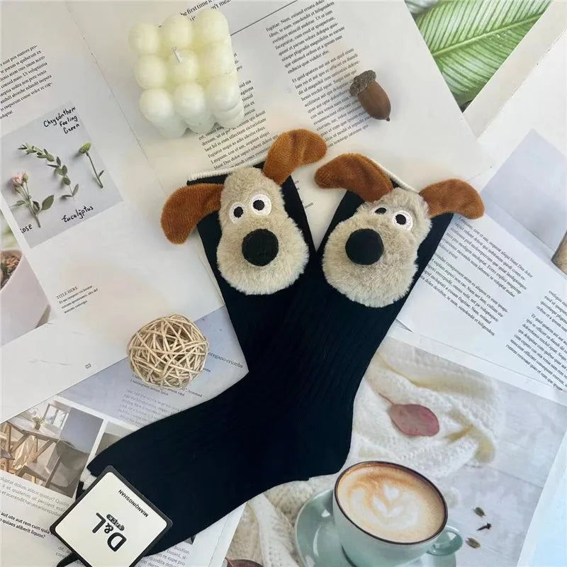 Personalized Fashion Socks 3D Cartoon Big Ears Dog Socks Plush Cloth Doll Socks Spring and Autumn Sweet Breathable Middle Socks Peaceful Pleasures Health and Wellness 1 Pair One Size